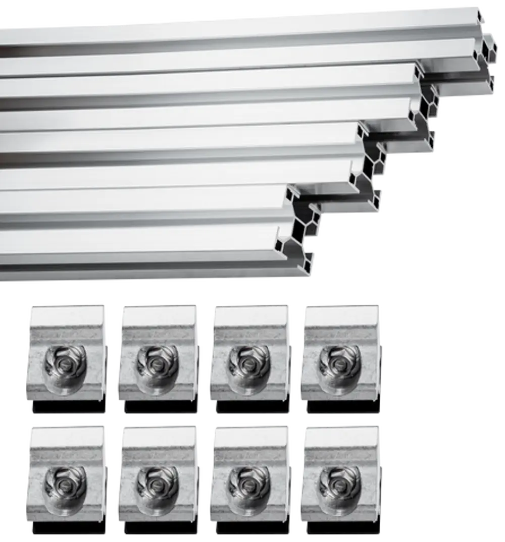 Montageschienen aus Aluminium mit passenden Befestigungselementen. Produkt von Wolf, geeignet für verschiedene Anwendungen im Bau- oder Möbelbereich.